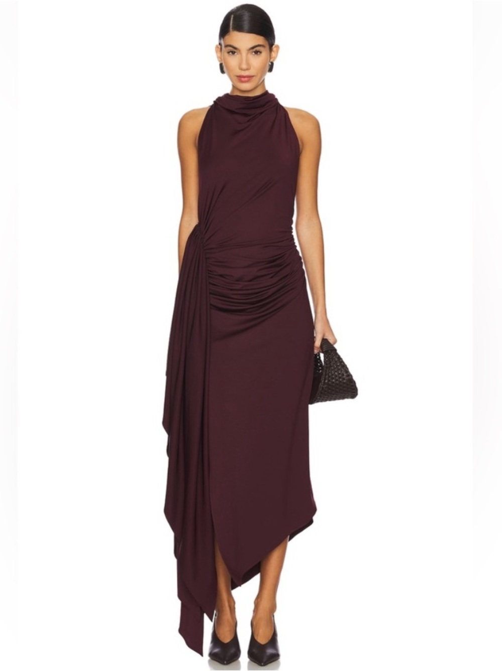 Revolve Rangel Julia Dress Large Berry NWT Sleeveless Draped Halter Maxi Slit